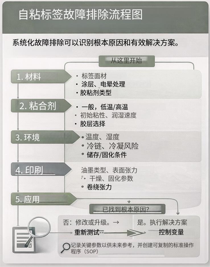 不干胶标签问题排查流程示意图：材料、胶水、环境与贴标工艺