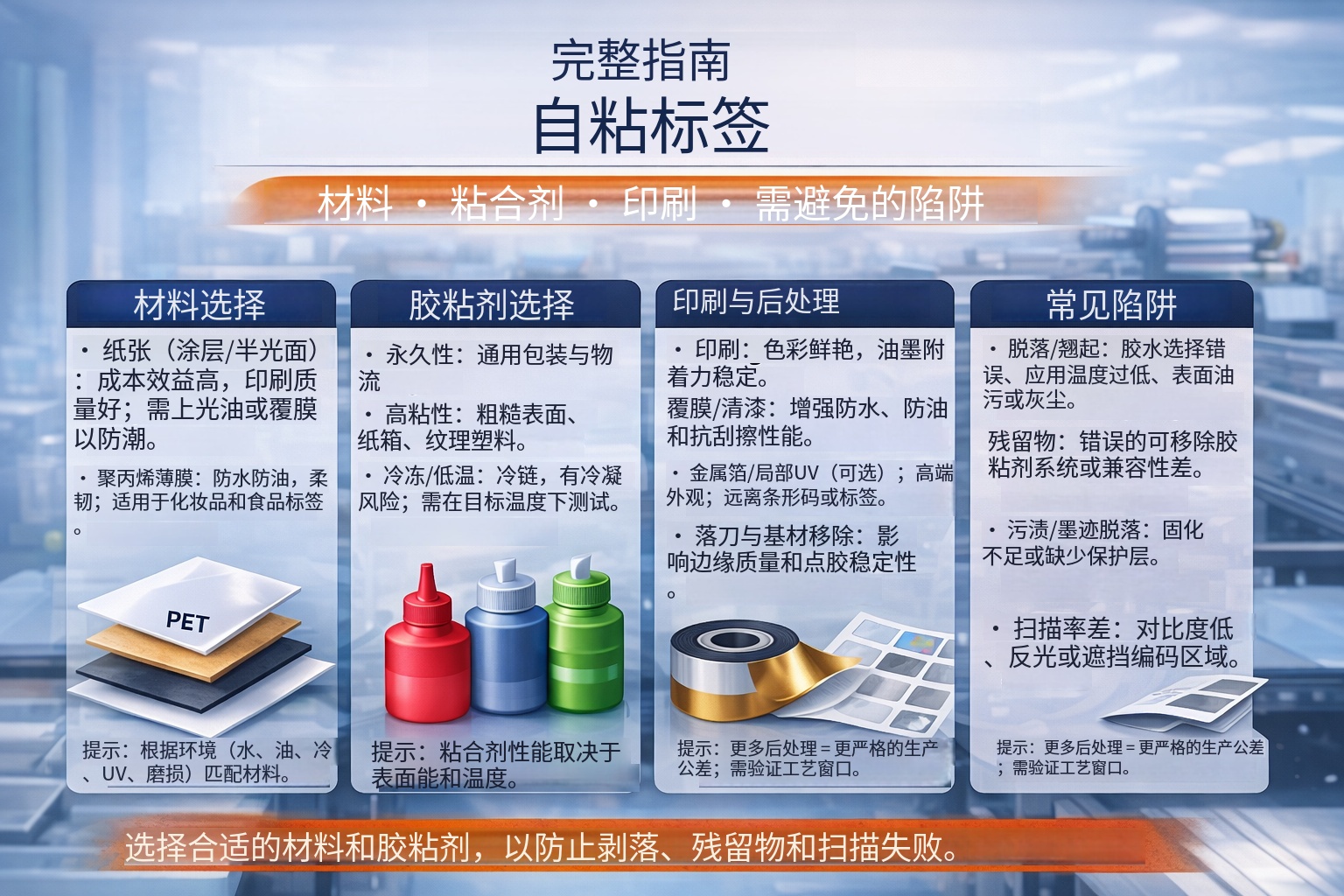 不干胶标签典型结构示意：面材、胶黏剂、底纸三层复合