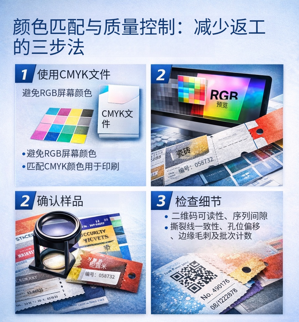 门票印刷防伪工艺示意：可变二维码、连续号码、刮刮银与局部UV