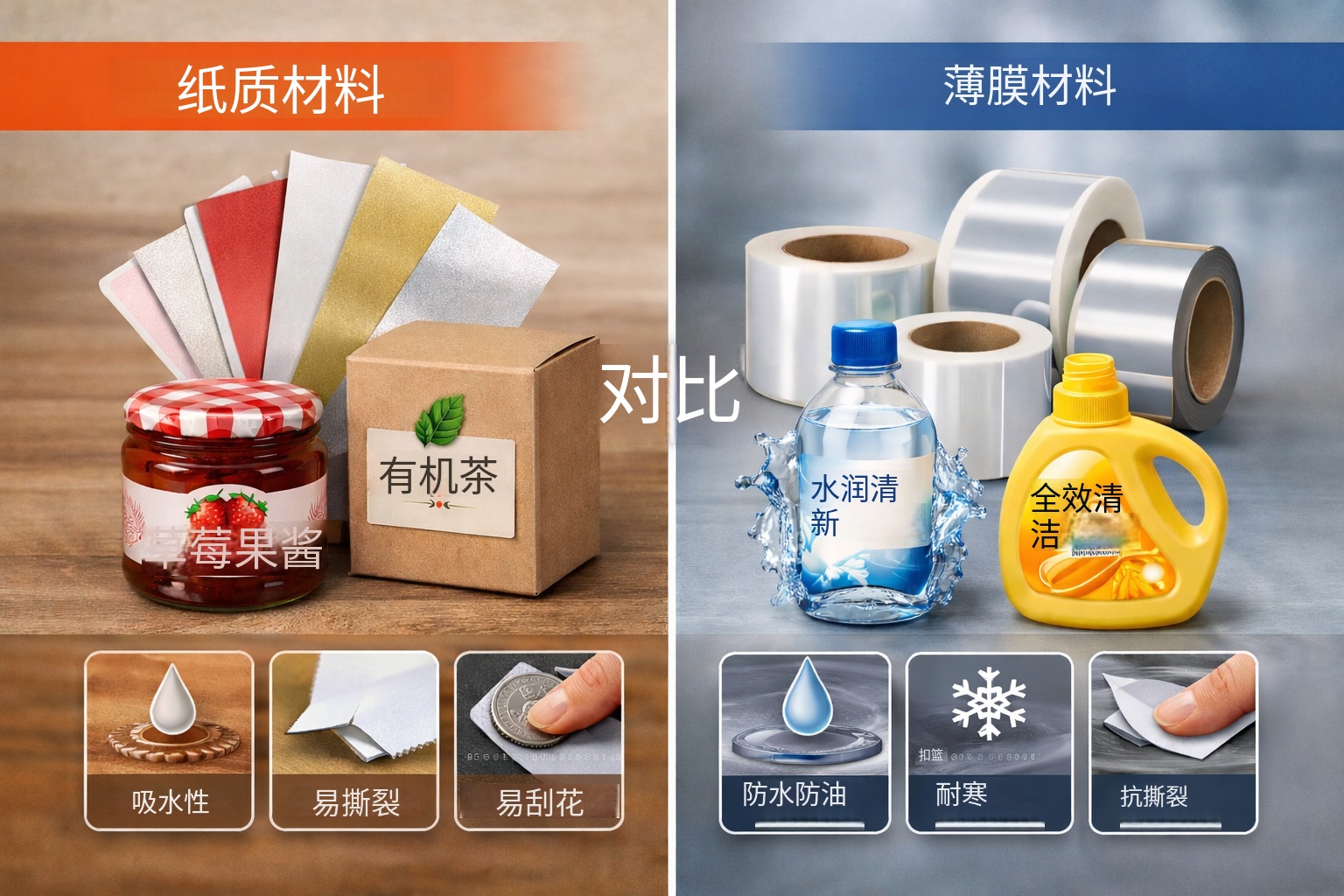 不干胶标签面材选择示意：纸质与薄膜的差异