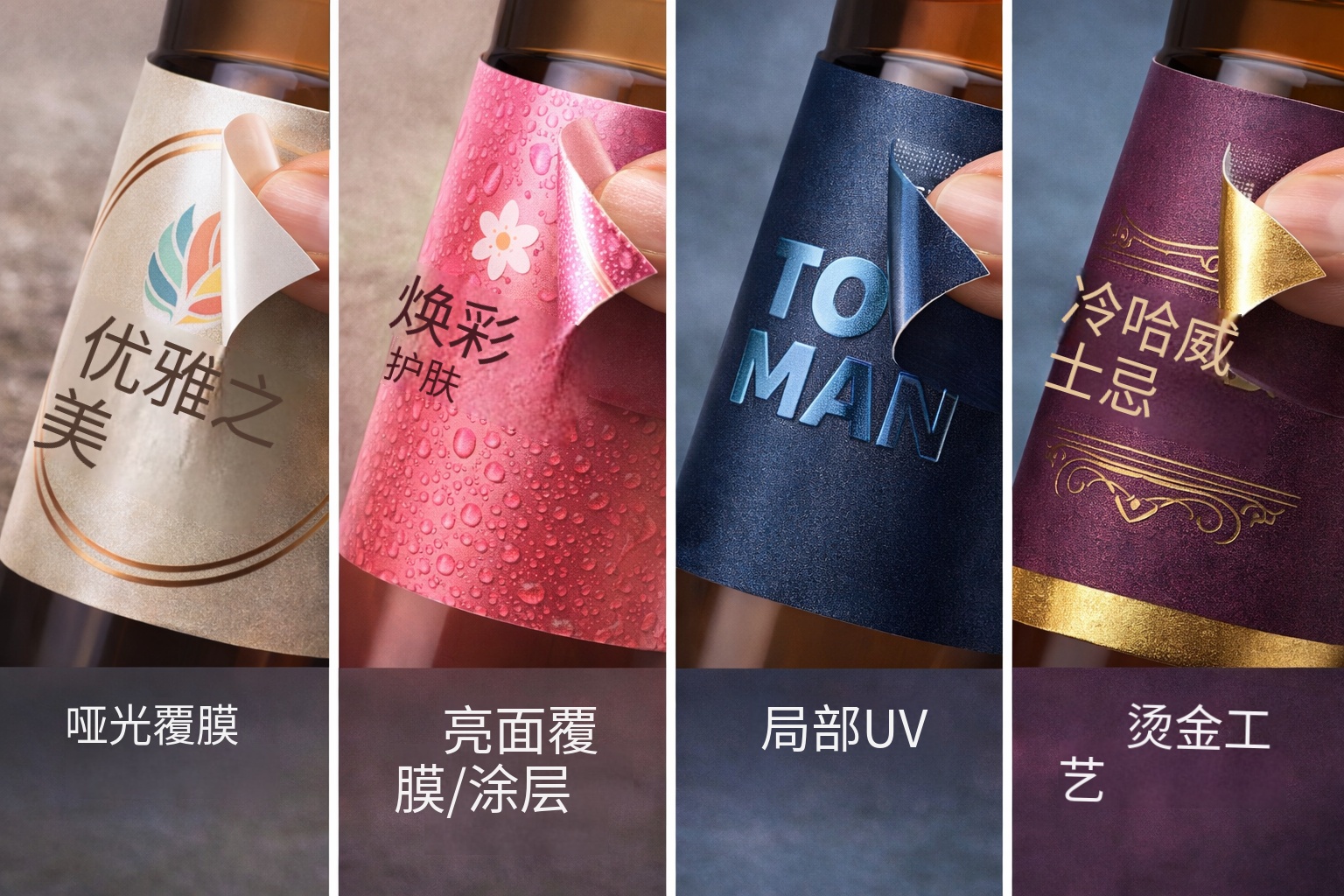 不干胶标签表面工艺：覆膜上光、局部UV、烫金等