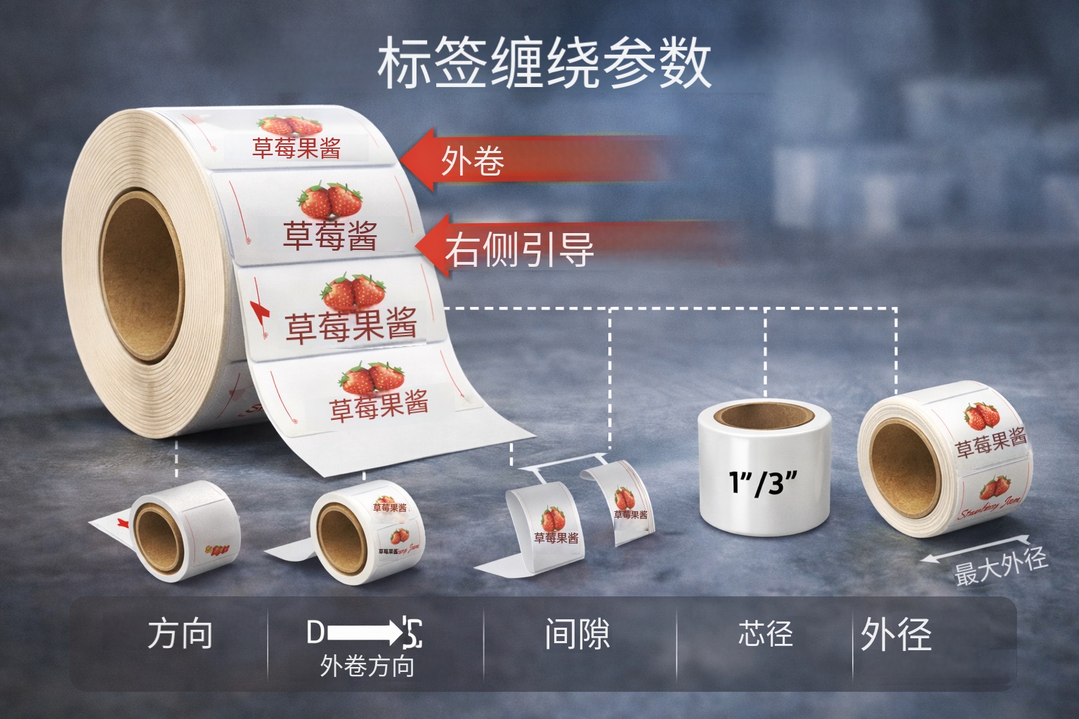 卷筒不干胶标签出卷参数示意：方向、间隙、纸芯与外径