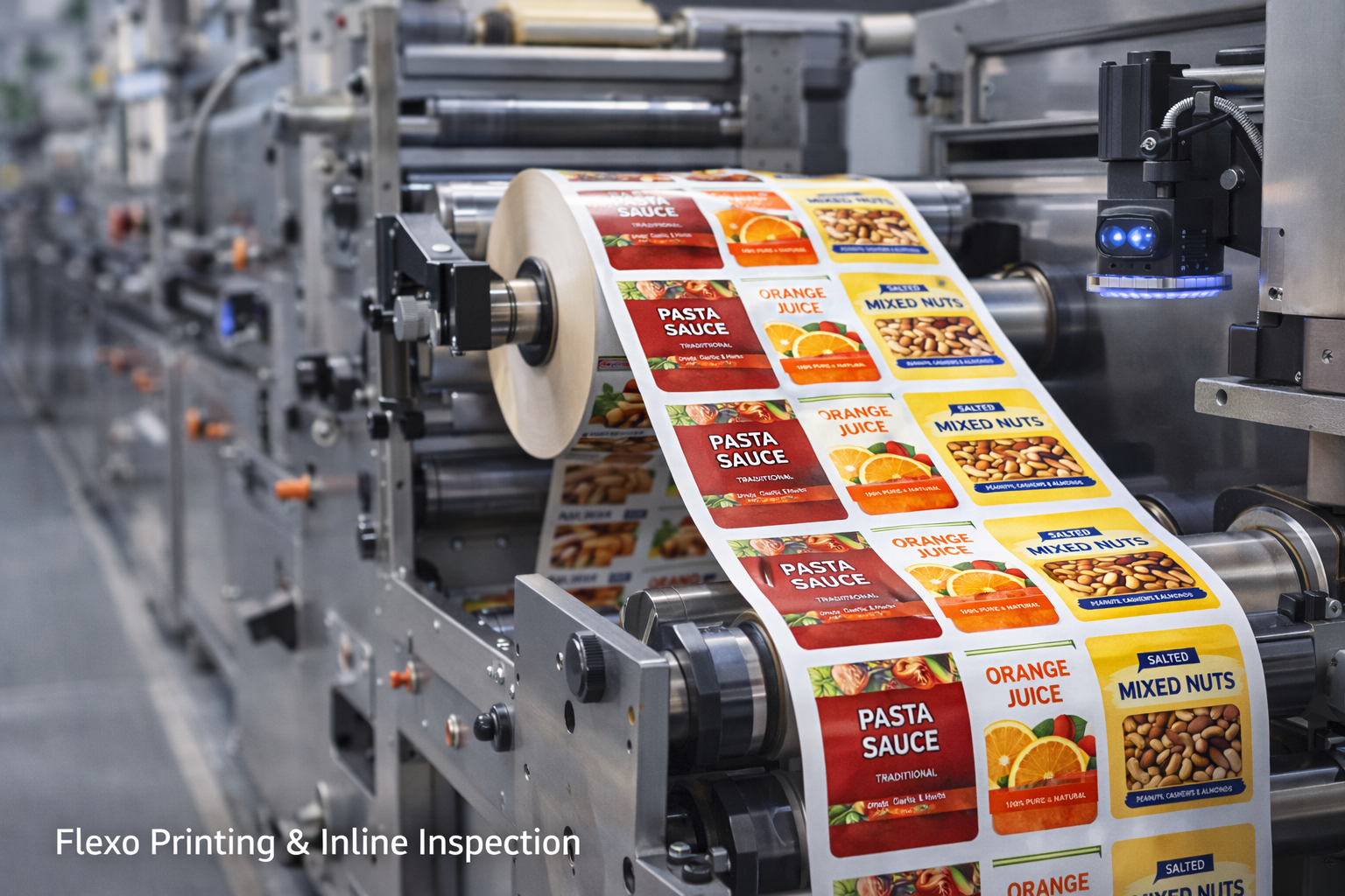 食品标签柔印生产实拍：卷材不干胶标签印刷与在线检测